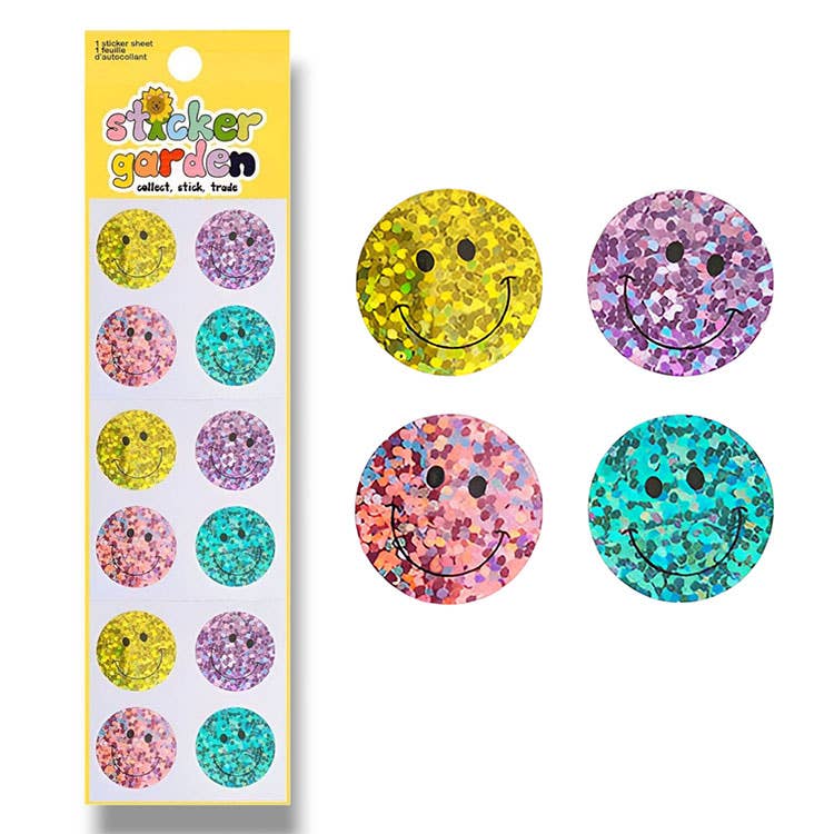 Image of a sticker sheet with images of glittery smiley faces in yellow, purple, pink and aqua. 