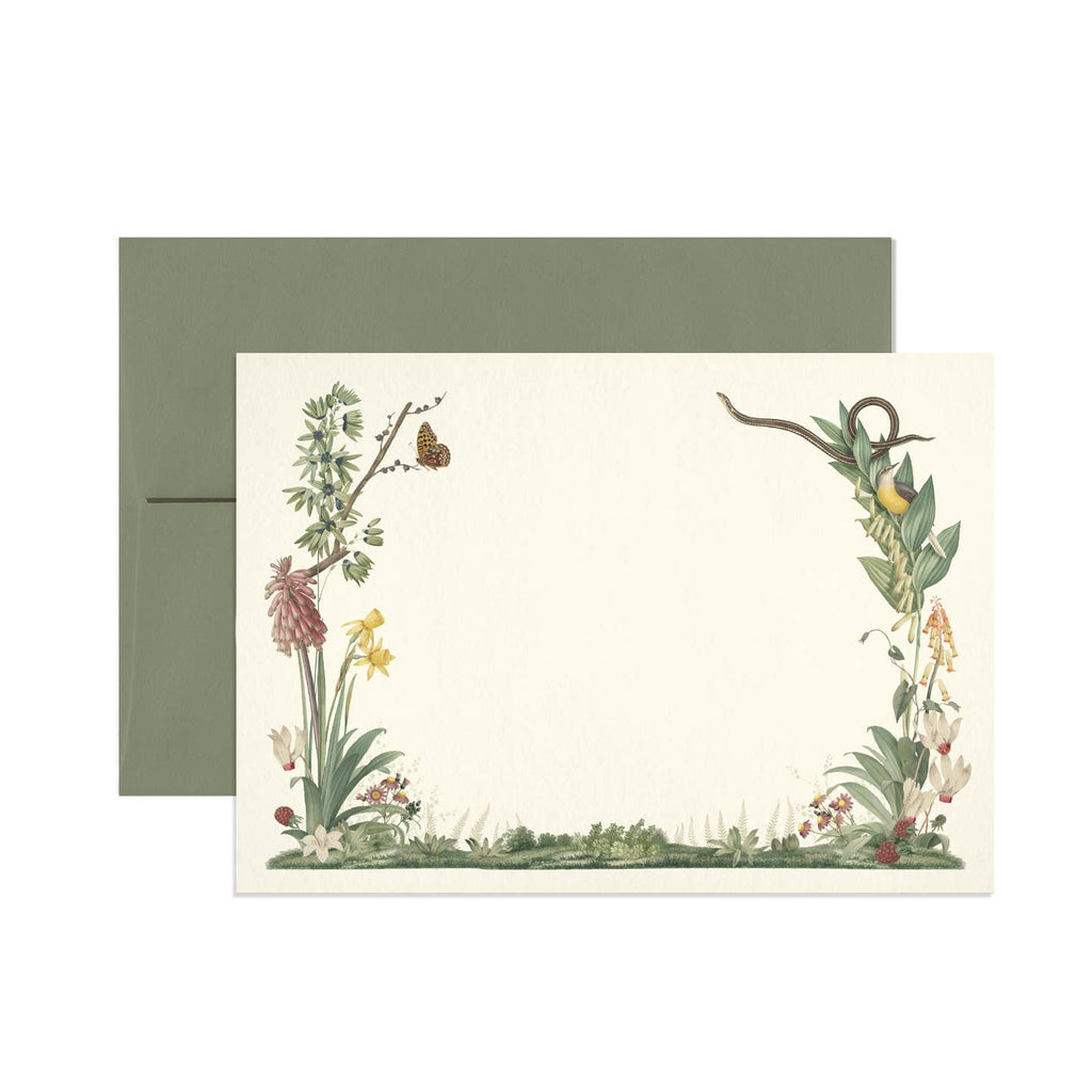 Notecard set with cream background and images of garden landscaping bordering card with flowers, insects, snake and butterfly. Green envelopes included,