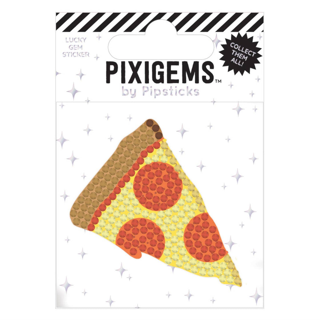 Sticker in the image of a piece of pizza in tan, yellow and red. 