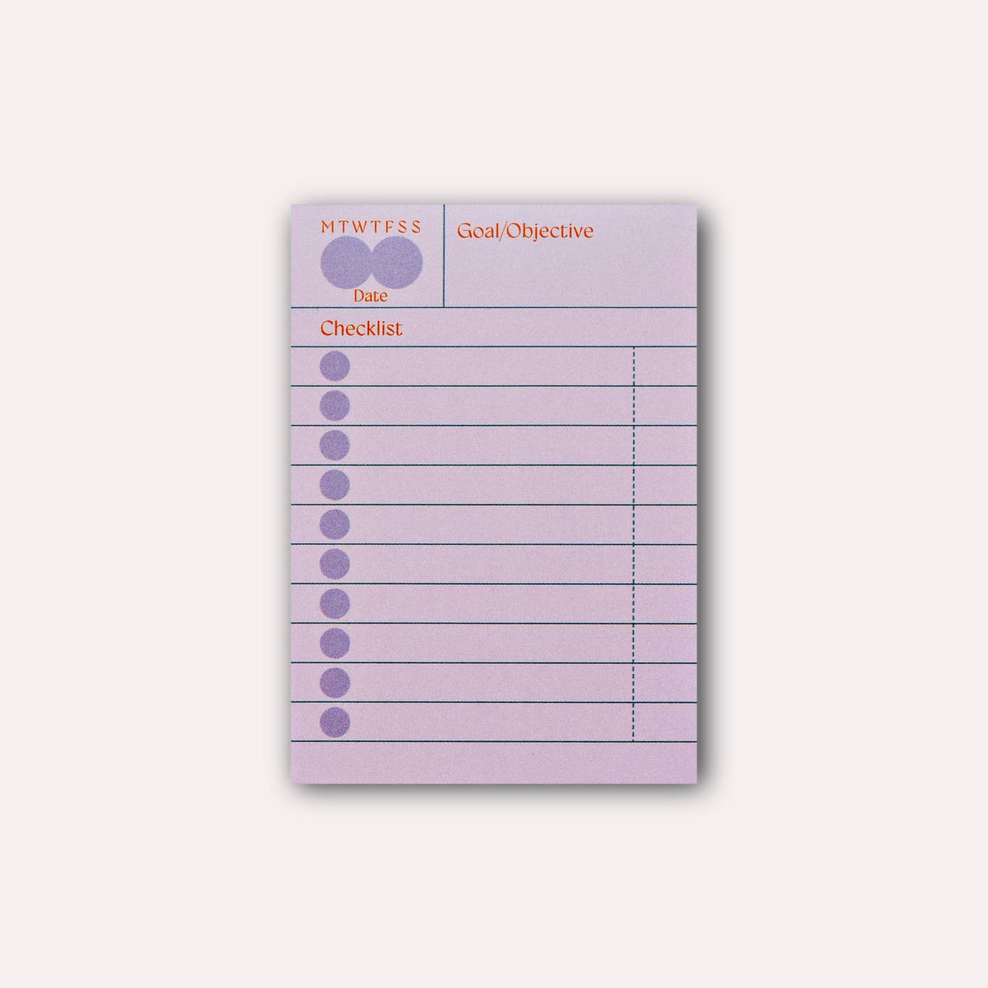 Sticky note with lilac background and blue lines. Red text says, "MTWTFSS, Goal/Objective, Date, Checklist". 
