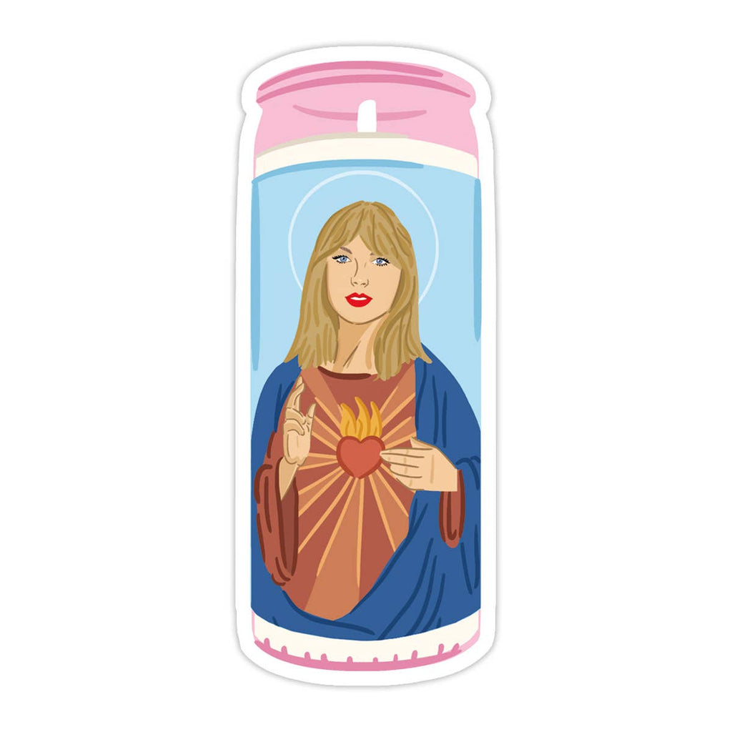 Image of sticker with image of Taylor Swift on a candle with "immaculate heart". 