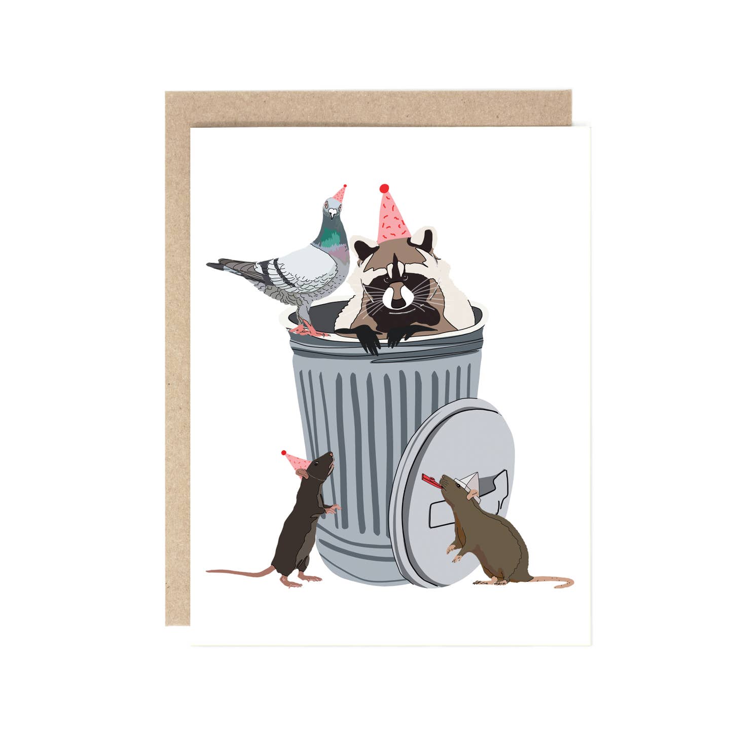 Greeting card with white background with image of a trash can with a raccoon, pigeon and two rats wearing party hats and noise makers. Kraft envelope included. 