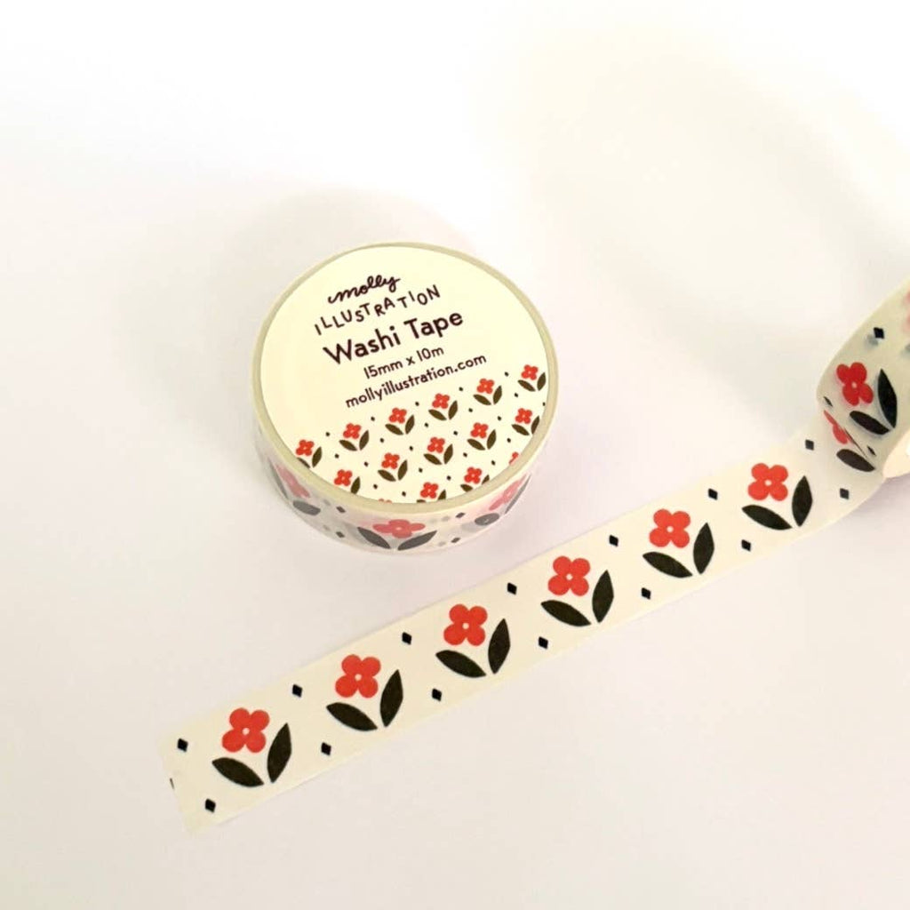 Decorative tape with cream background and red flowers with green leaves.