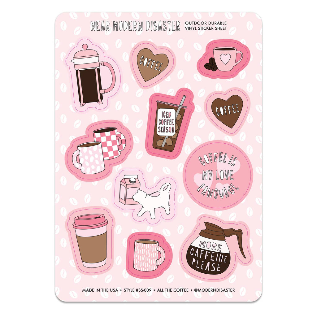 Pink background with white coffee bean shaped dots and eleven images of coffee, cups, pots, carafe, iced coffee and mugs in shades of pink, brown and white.             