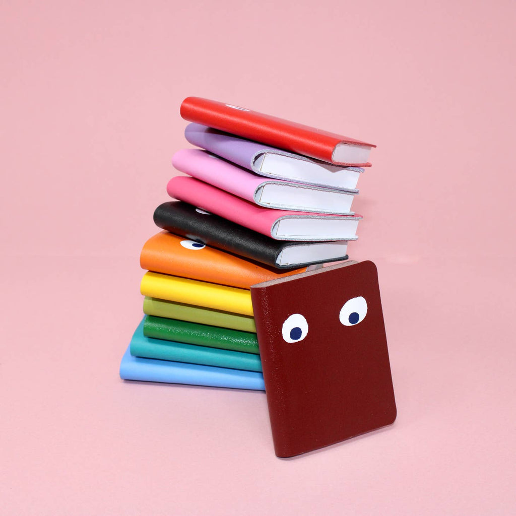 Stack of small notebooks in rainbow colors with googly eyes. 