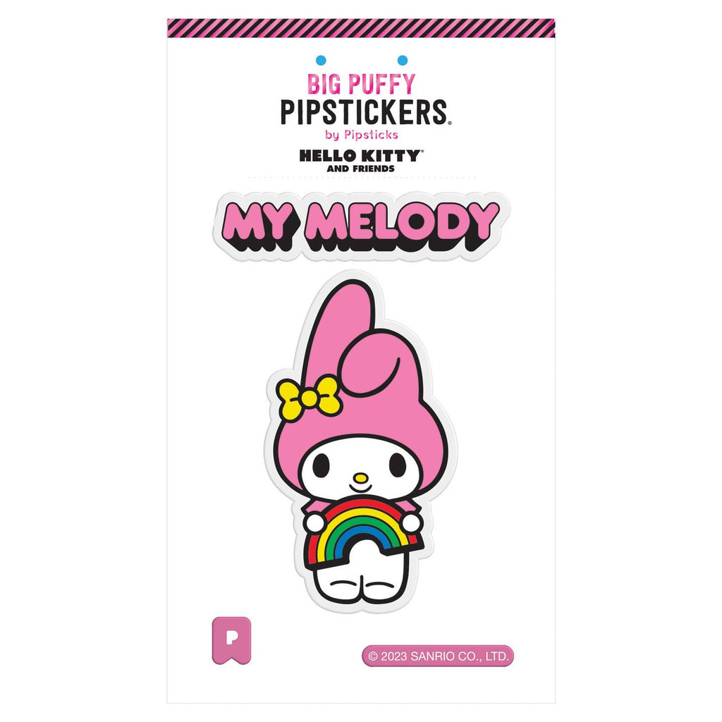 Sticker in image of My Melody character holding a rainbow. 
