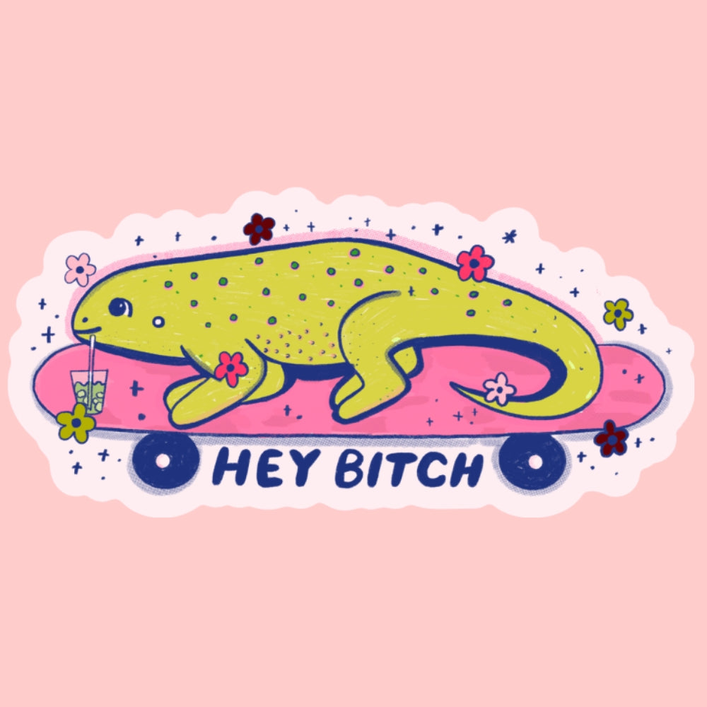 Decorative sticker with white background and image of a green lizard sipping an iced beverage riding on a skateboard. Blue text says, "Hey bitch". 