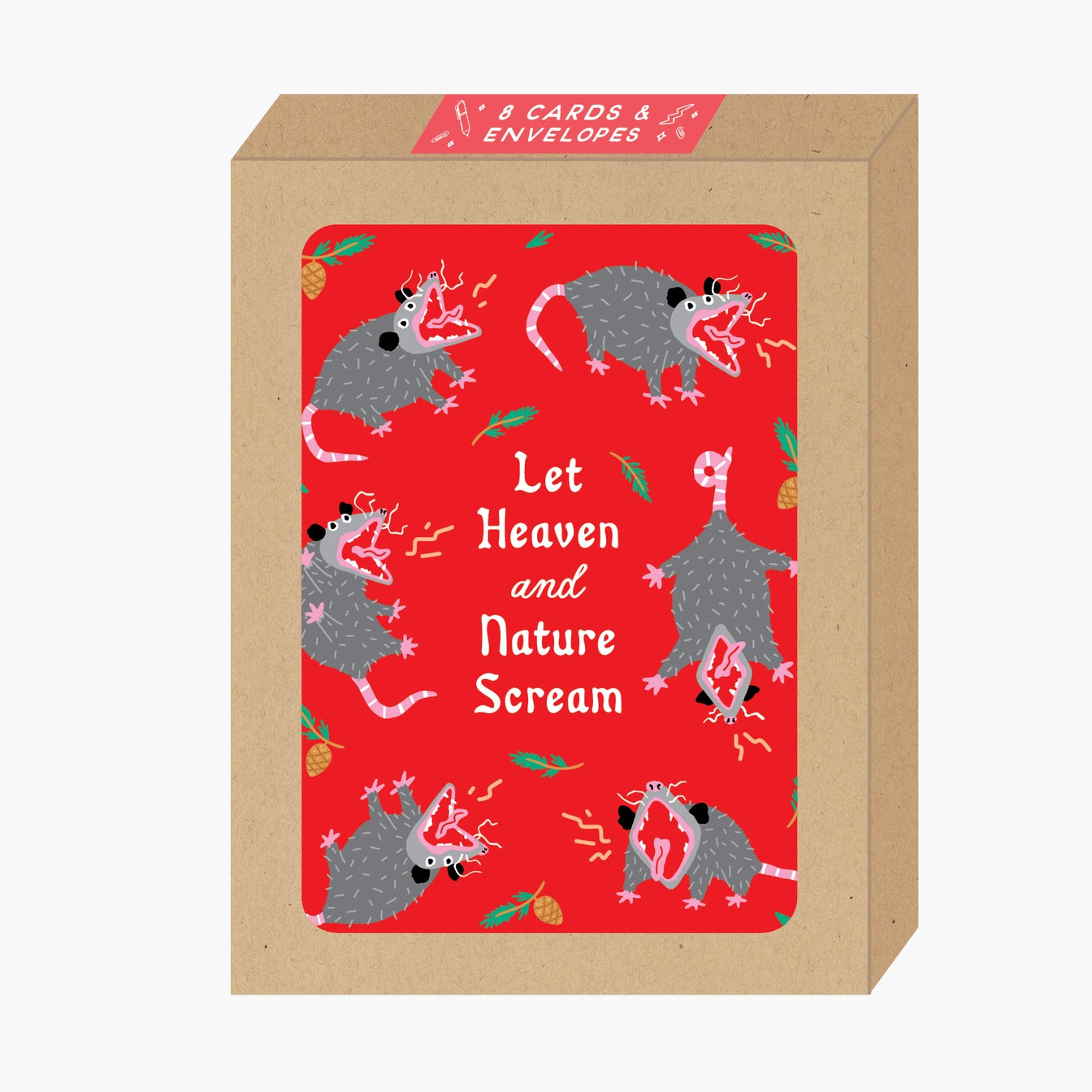 Boxed greeting cards with red background and images of screaming possums with white text says, "Let Heaven and Nature Scream". Envelopes included. 