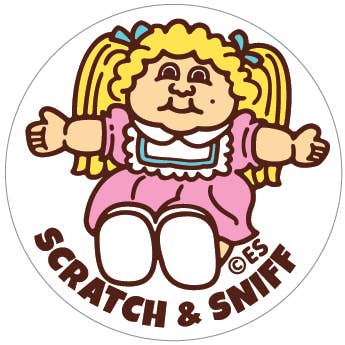 Sticker sheet with white background and images of a doll with blonde hair and a pink dress. 