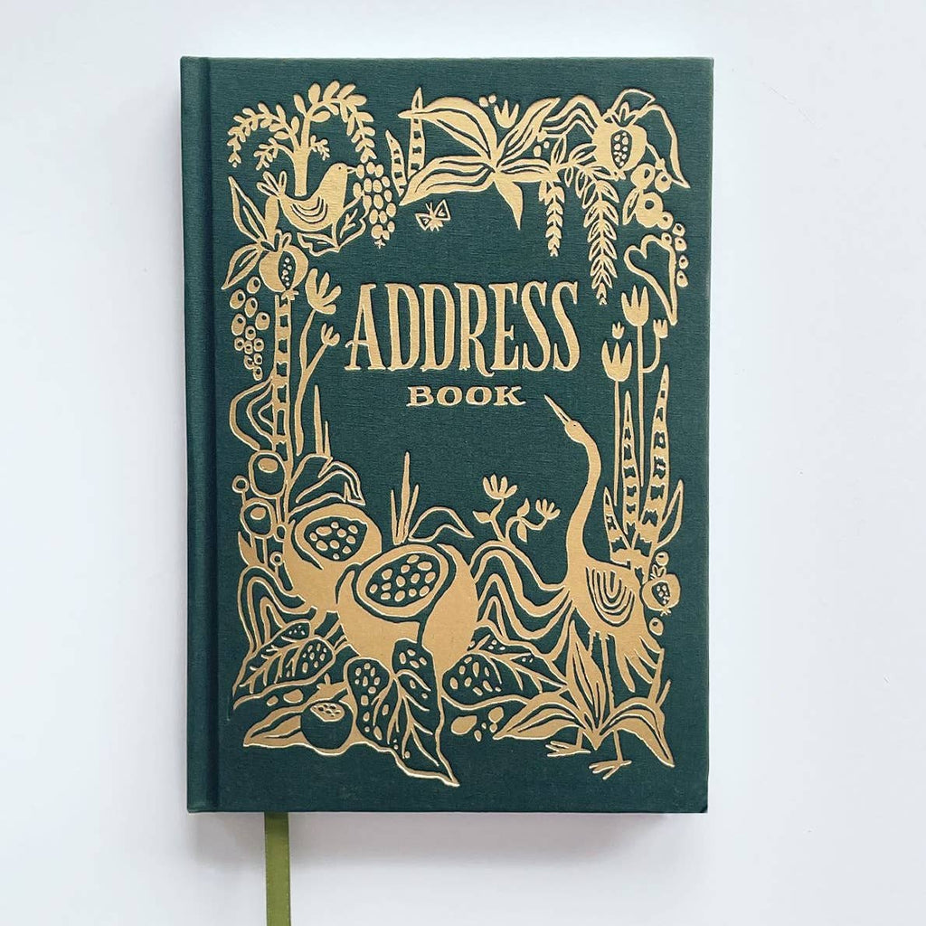Image of book cover with green background with images of gold foil text says, "Address book" and foliage, birds and flowers. 