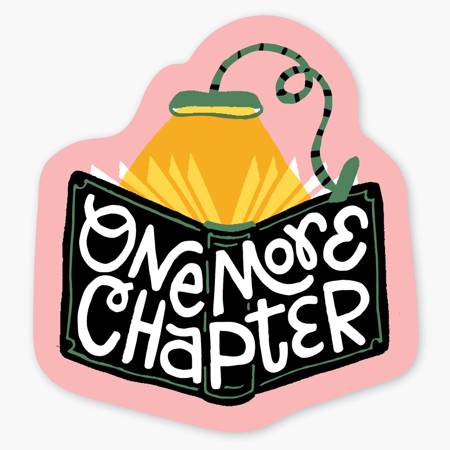 Sticker with pink background with image of black book open with a green book light on it and white text says, "One more chapter". 