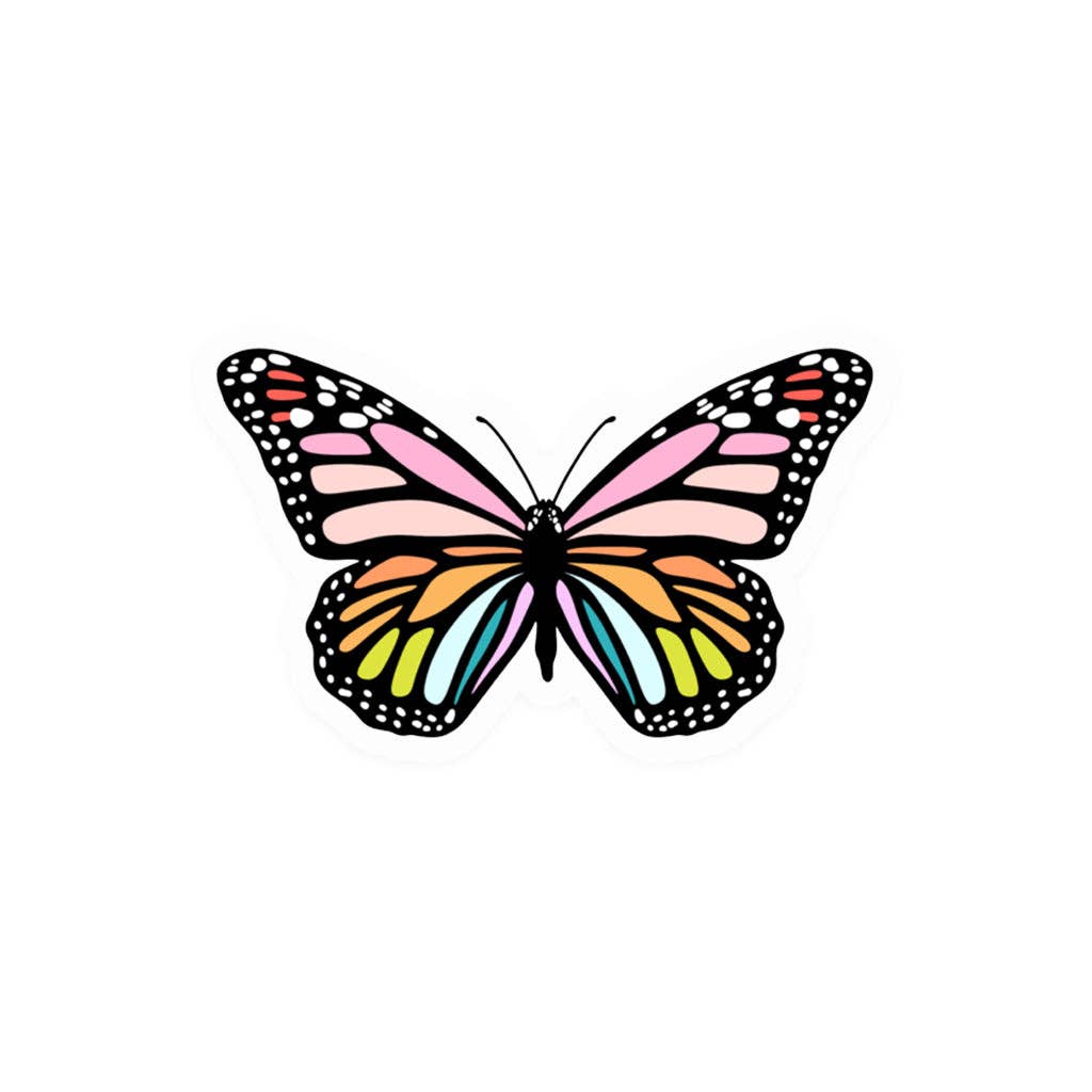 Image of butterfly outlined in black with rainbow colored sections. 