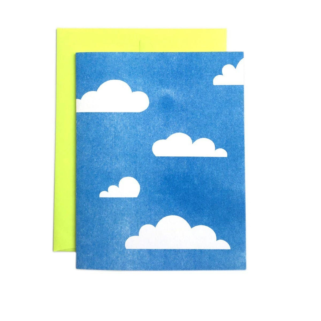 Greeting card with blue background and white clouds. Neon envelope included. 
