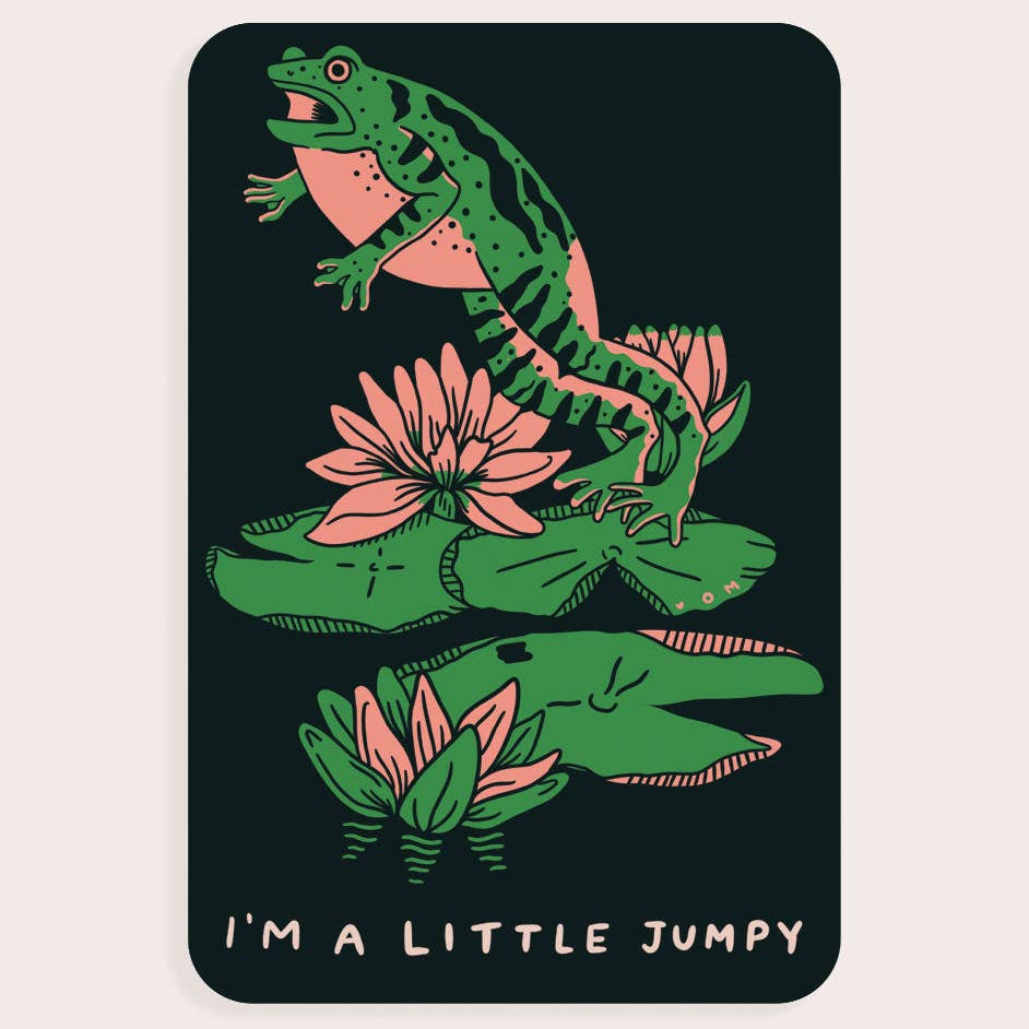 Decorative sticker with black background and image of a green and pink frog leaping from lily pad with pink text says, "I'm a little jumpy". 