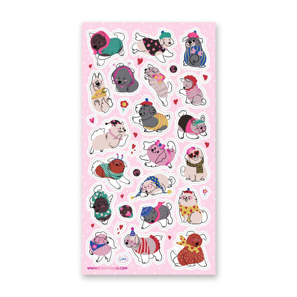 Sticker sheet with pink background with images of dogs in sweaters and adorable outfits. 