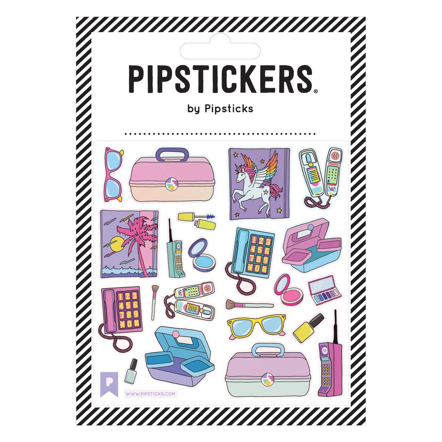 Sticker sheet with white background and images of awesome 80's items including cabootle, unicorn, clear phone, car phone and trapper keeper. 