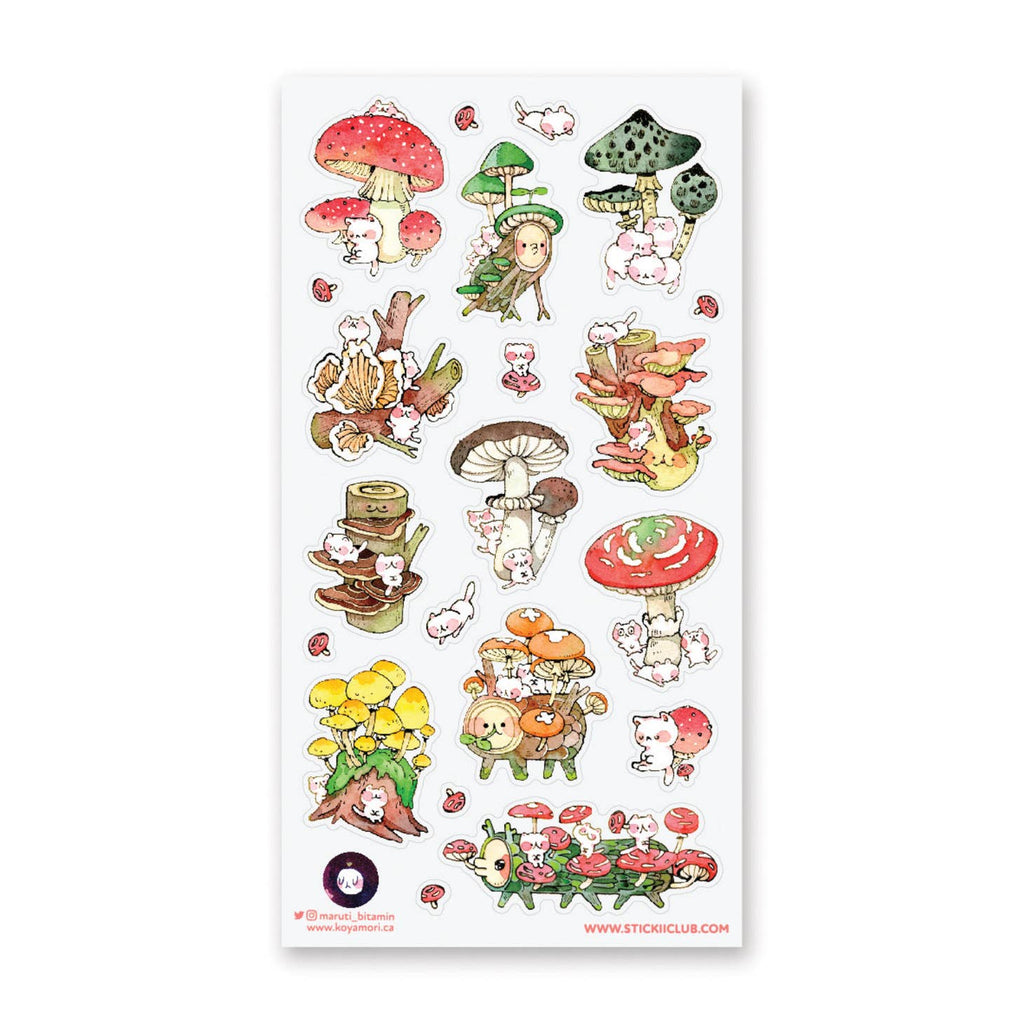 Sticker sheet with white background with images of mushrooms and kitties.