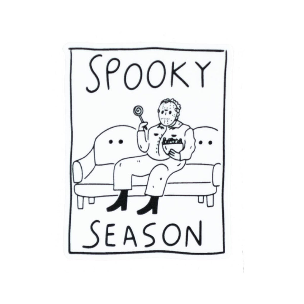 Decorative sticker with white background with black outline drawing of ghost couch with black text says, "Spooky season". 