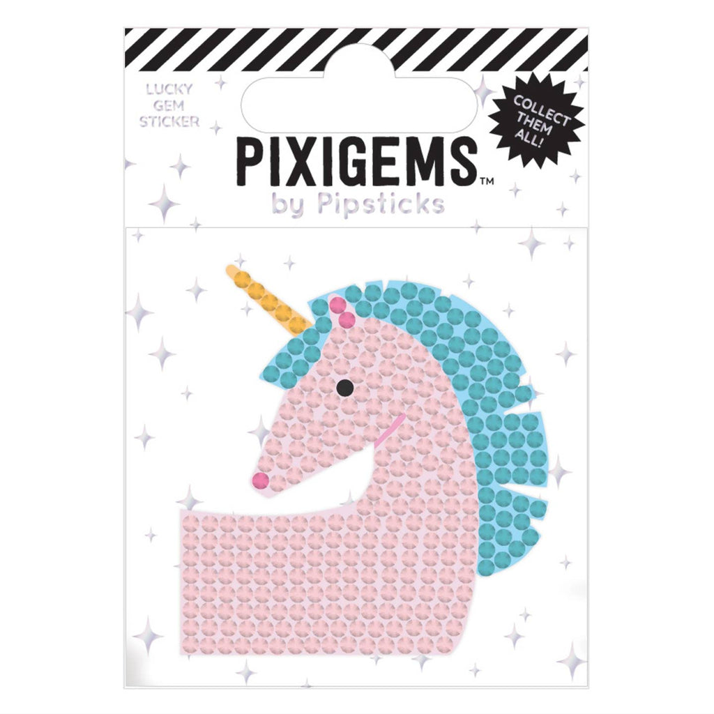 Sticker in the image of pink unicorn with teal mane and yellow horn.