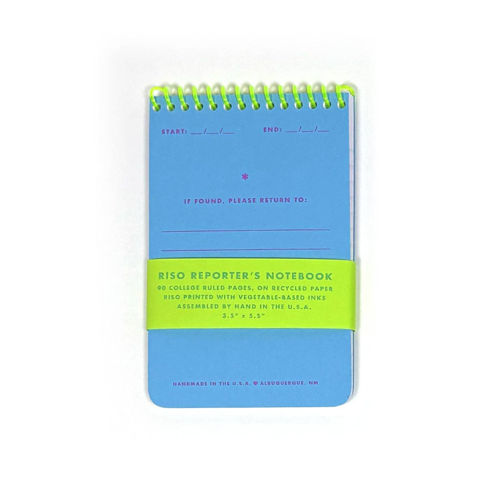 Notepad with blue cover and neon yellow spiral binding. Pink text on cover says, "Start End" with space for dates. "If found please return to:" 