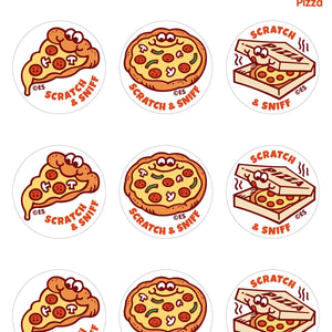 Sticker sheet with white background with images of three stickers of slice of pizza, whole pizza and a box of pizza.