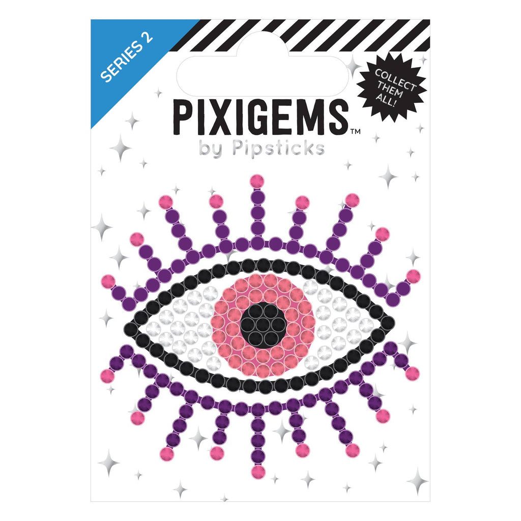 Sticker in image of an eye with pink, black and purple. 