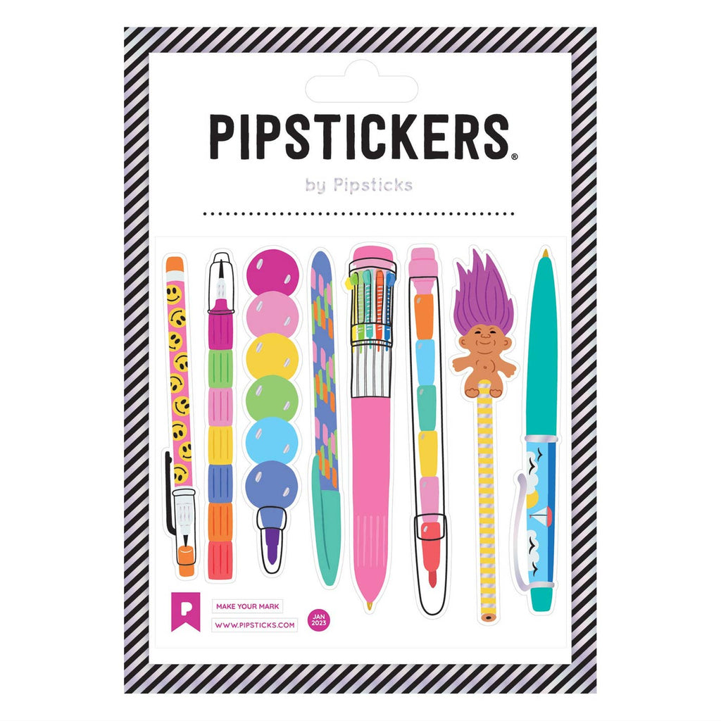 Sticker sheet with images of pens in different styles.