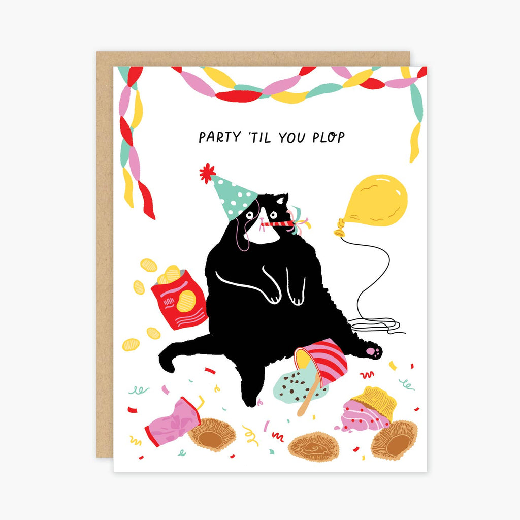 White background with image of black cat wearing a party hat and sitting surrounded by snacks and a balloon. Black text says, "Party till you plop". Kraft envelope is included. 