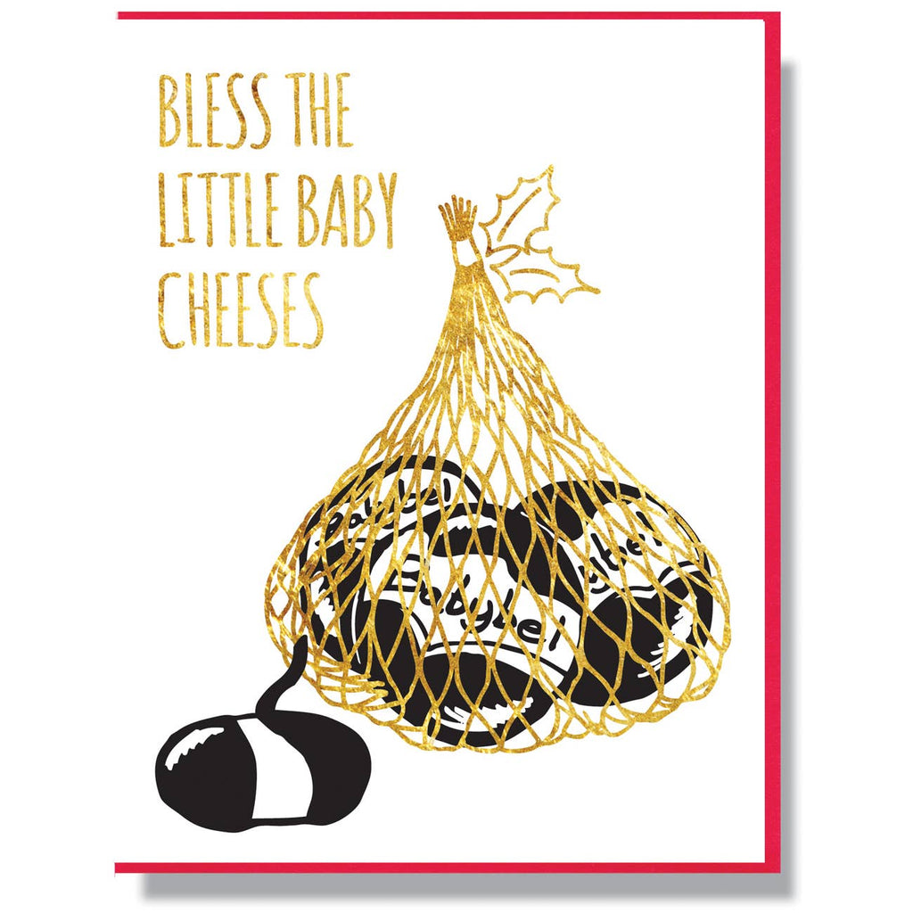 Greeting card with white background and image of a bag of Babybel cheeses with gold foil text says, "Bless the little baby cheeses". Red envelope included. 