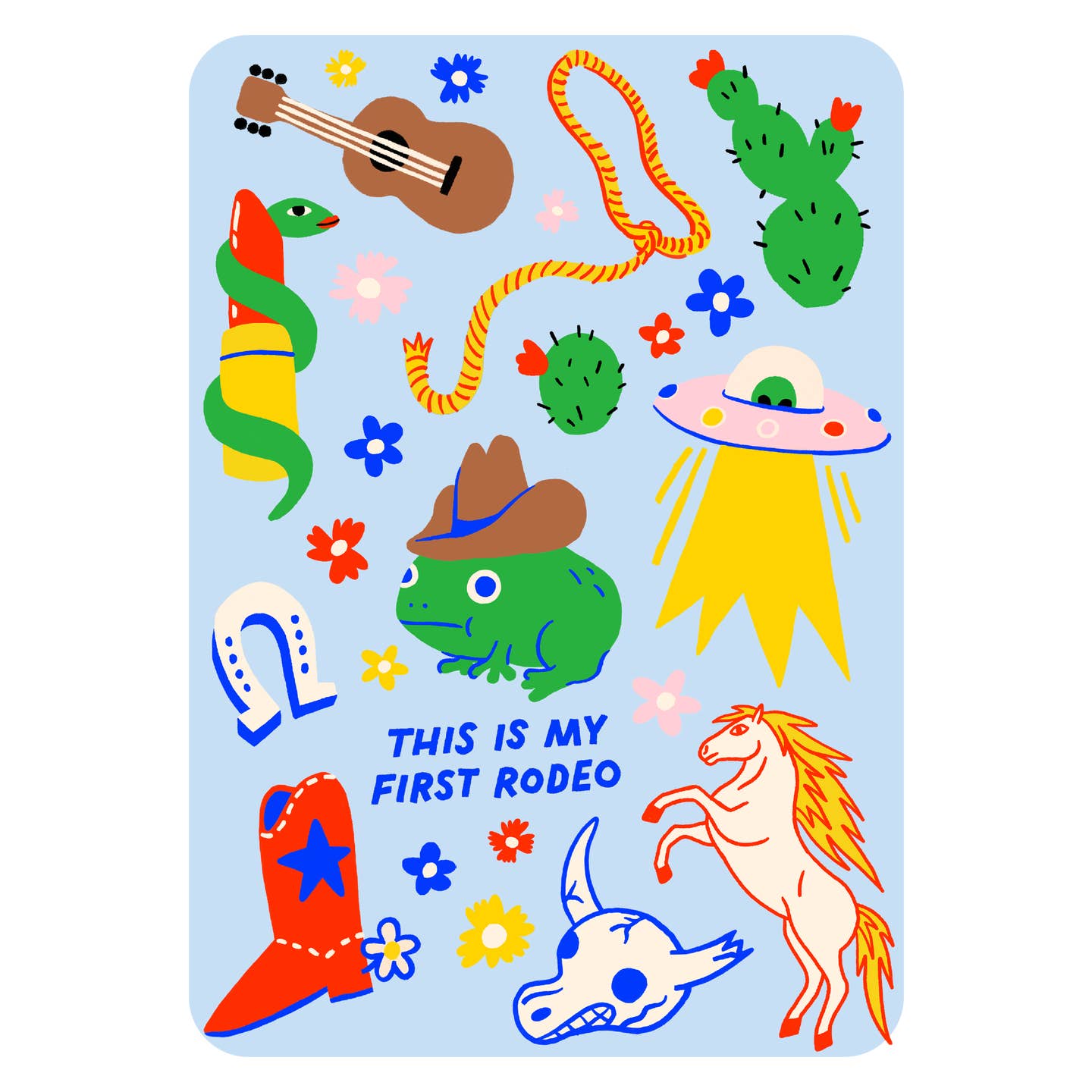 Image of iron on applique including green frog, lasso, guitar, cowboy boot, and cactus. 