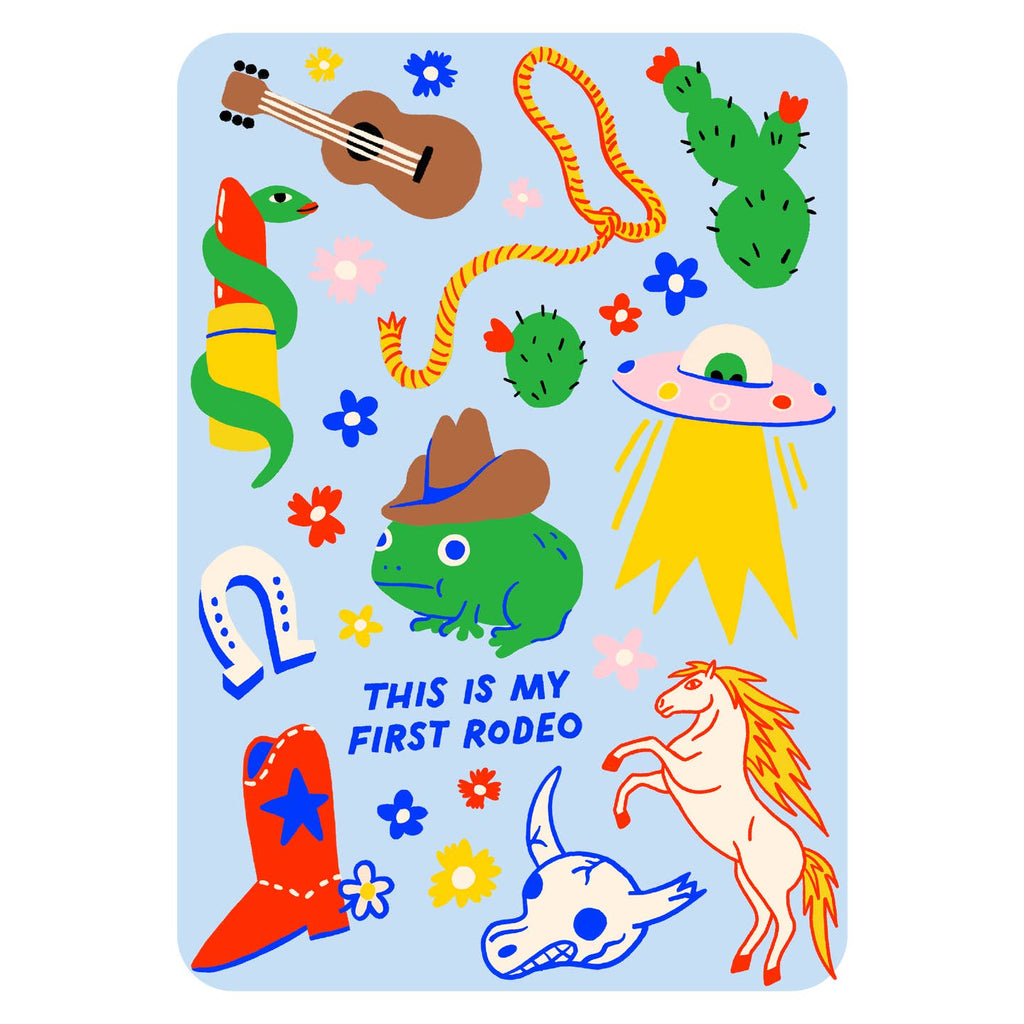 Image of iron on applique including green frog, lasso, guitar, cowboy boot, and cactus. 