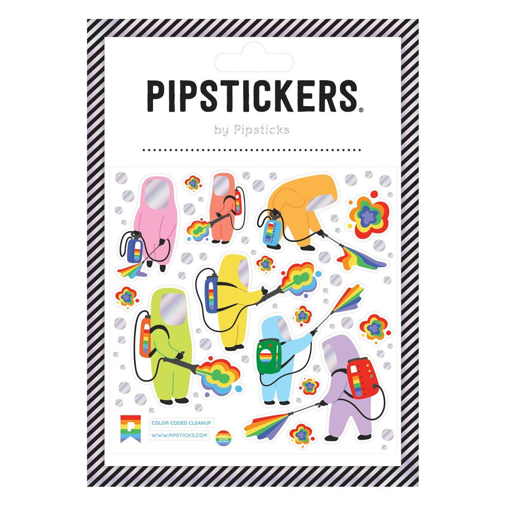 Sticker sheet with images of people in clean suits in rainbow colors  with clean up machines shooting out rainbows. 