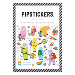 Sticker sheet with images of people in clean suits in rainbow colors  with clean up machines shooting out rainbows. 