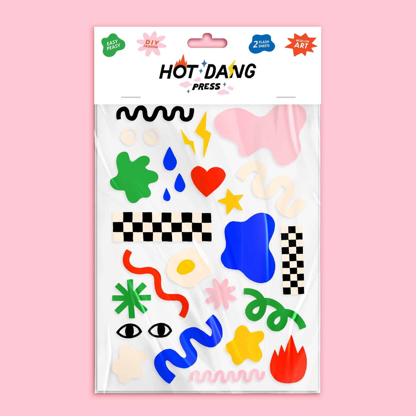 Images of iron on appliques in the shape of checkerboards, blue blobs, pink blobs, pink squiggle and green squiggle. 