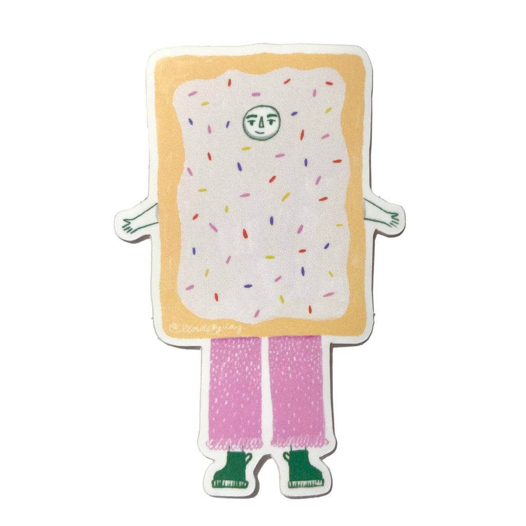 Image of a sticker in the shape of a pop tart with tan border and white center with multicolored sprinkles and a face wearing pink pants and green shoes.