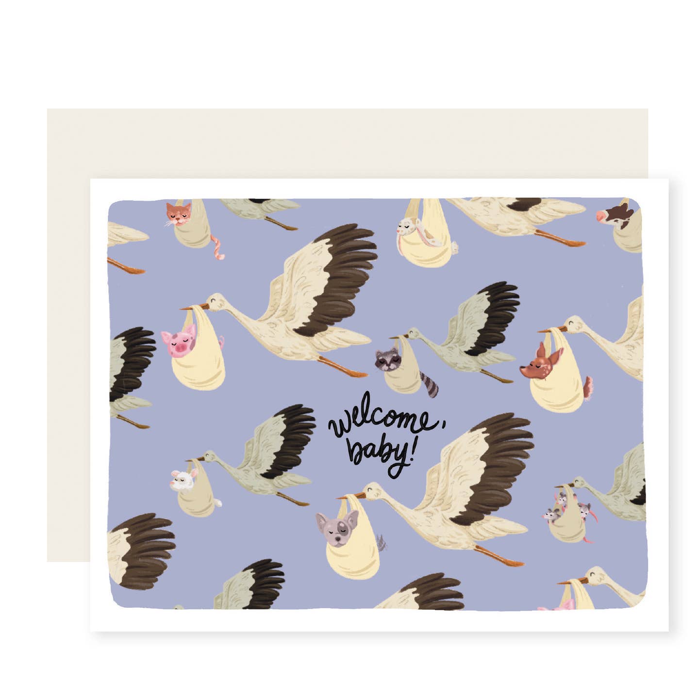 Greeting card with blue background and images of storks carrying baby animals and black text says, "Welcome, baby!". White envelope included.