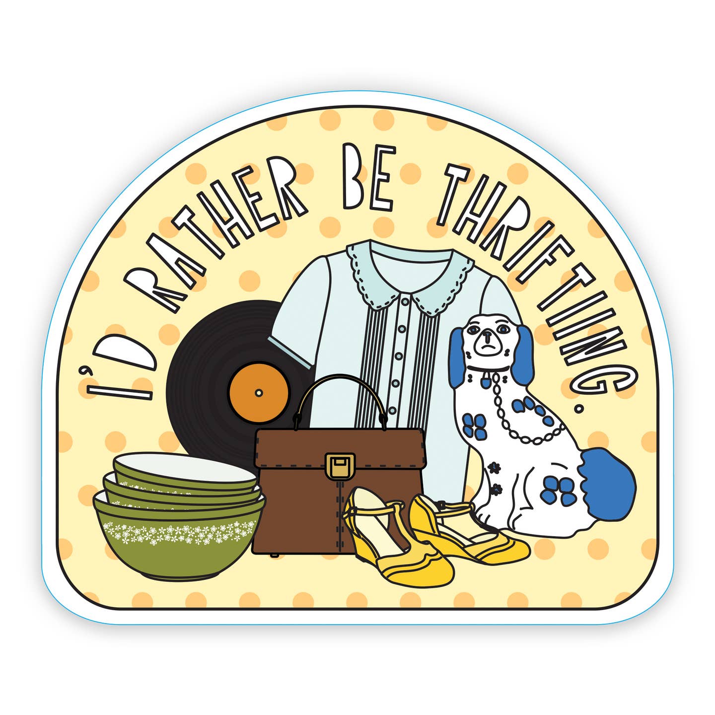 Decorative sticker with yellow background with images of clothing, shoes, kitcheware and record with white text says, "I'd rather be thrifting". 