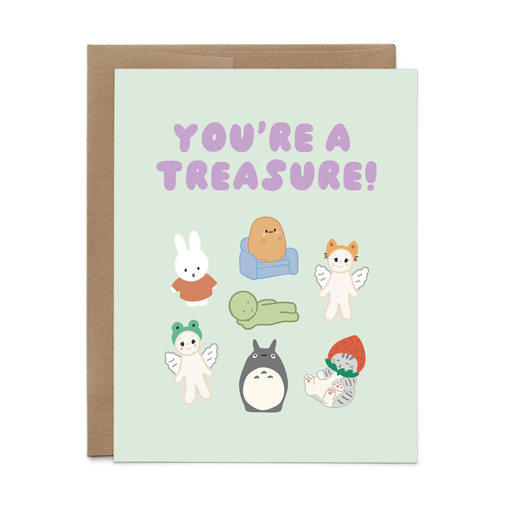 Greeting card with mint background and images of little animal treasures and lilac text says, "You're a treasure!". Envelope included.