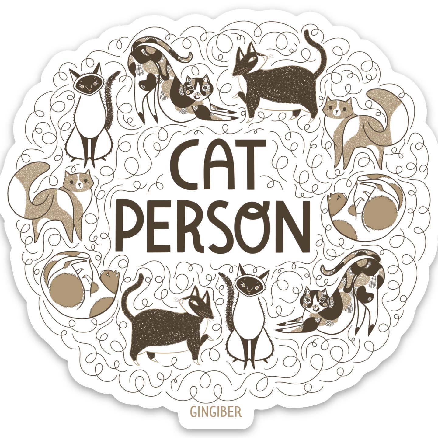 Sticker with white background and images of cats in grey, black and taupe with squiggly lines and taupe text says, "Cat person". 