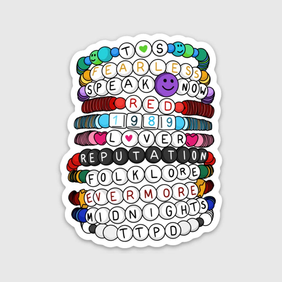 Decorative sticker with friendship bracelets, black text says, "TS, Fearless, speak now, red, 1989, Lover, reputation, folklore, evermore, midnights, TTPD". 