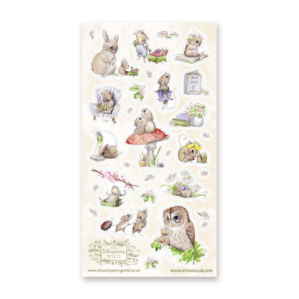 Sticker sheet with tan background with images of mice, bunnies, owl, and frog in a forest setting. 