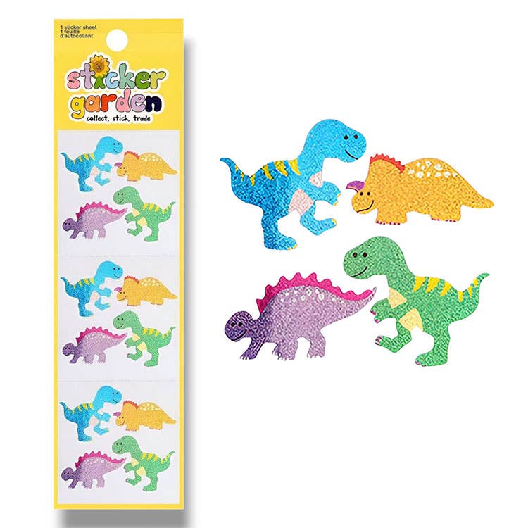 Image of sticker sheet of glitter dinosaurs in blue, yellow, green and purple. 