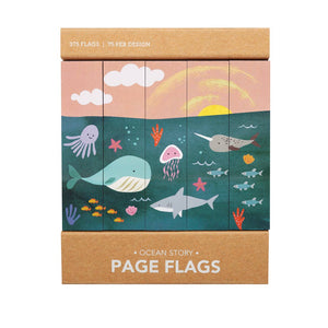 Image of a pad of tape flags with a green water and pink sky background and images of a whale, octopus, narwhal, shark and jellyfish. 