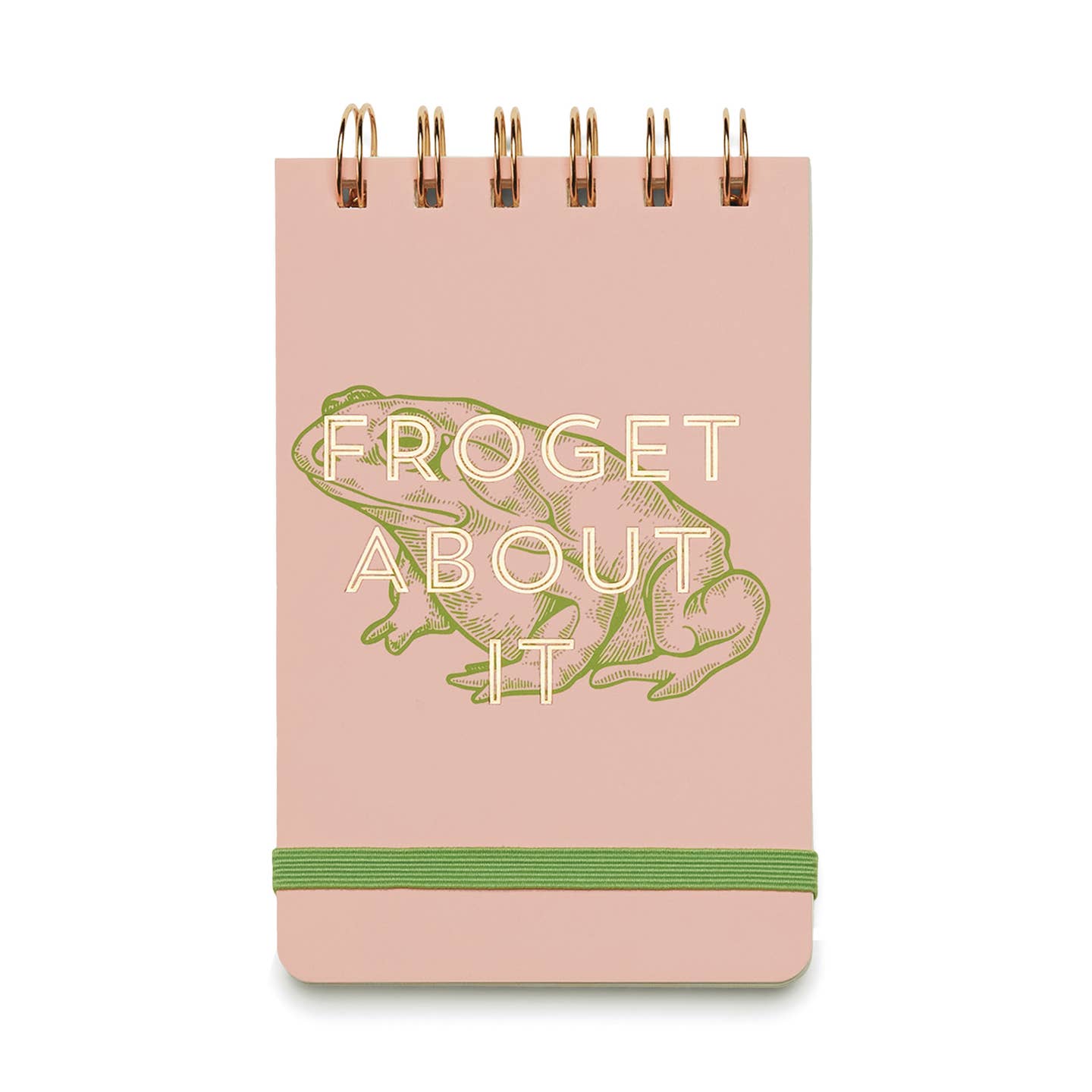 Notepad with pink cover and outlined image of frog in green with gold foil text says, "Froget about it" and green elastic closure at bottom. 