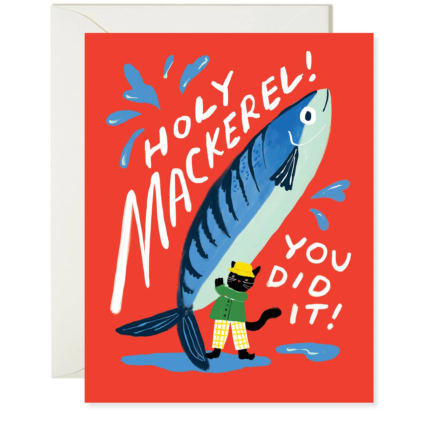 Greeting card with red background with image of a big blue mackerel held by a black cat wearing a green jacket and yellow hat. White text says, "Holy mackerel! You did it!". Envelope included. 