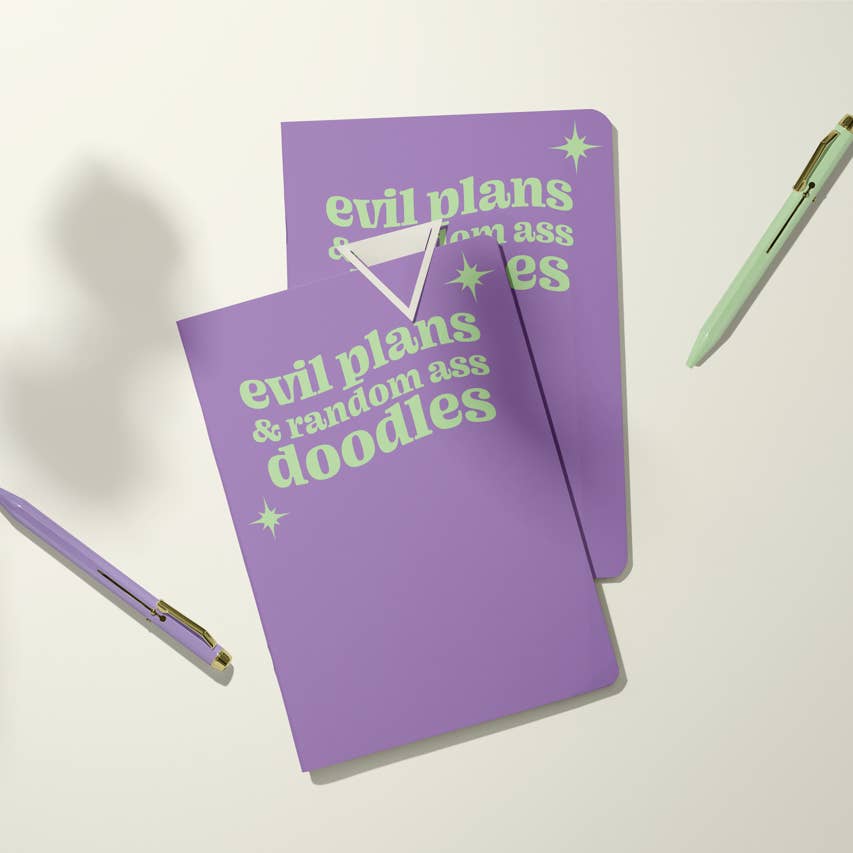 Purple background with grey text says," Evil plans & random ass doodles".