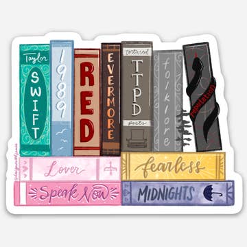 Decorative sticker with image of books on a shelf with Taylor Swift album names on the binding. 