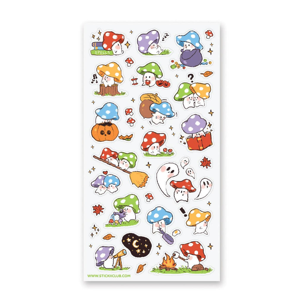 Sticker sheet with images of mushrooms, ghosts and pumpkins. 