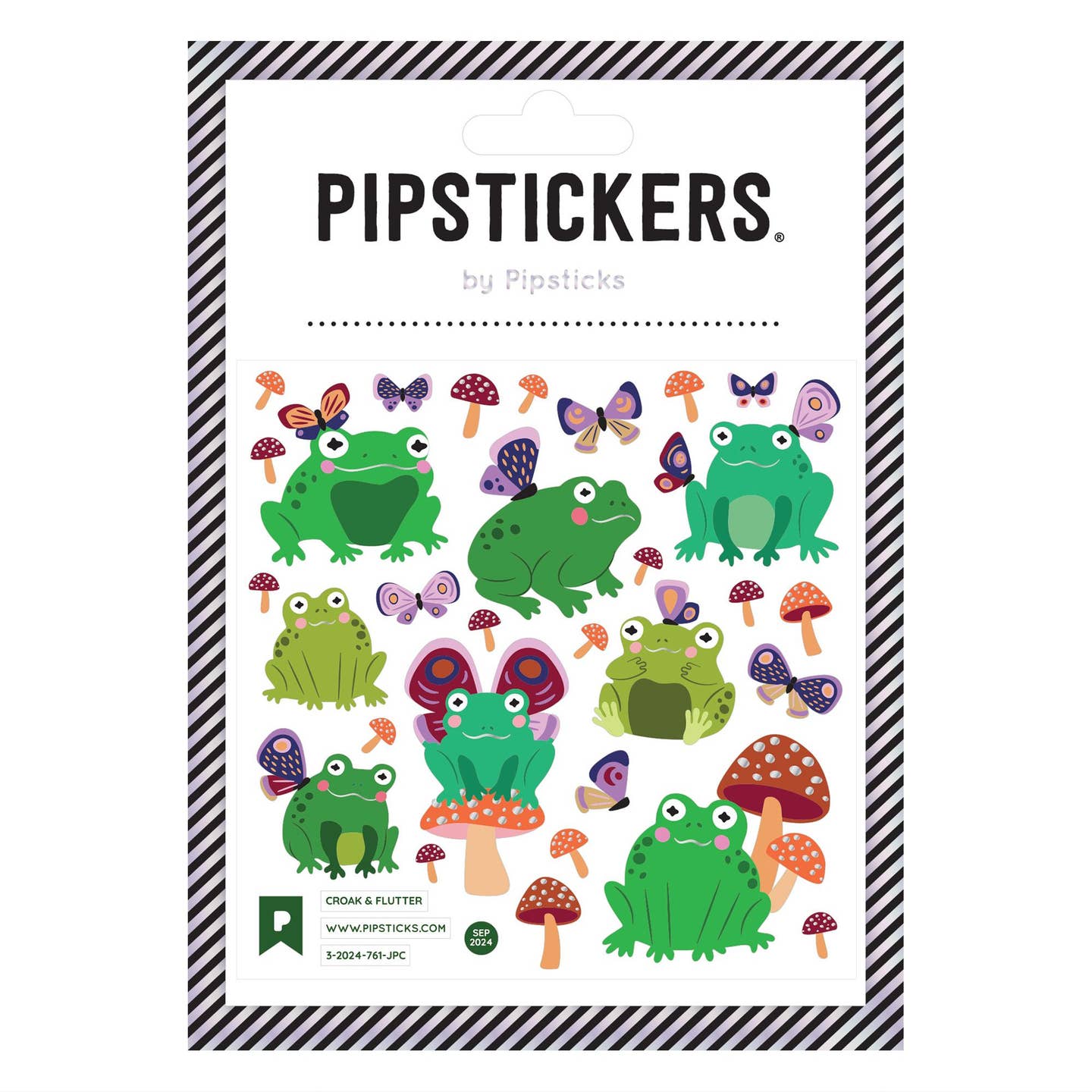 Decorative sticker sheet with images of green frogs with wings and butterflies and toad stools. 