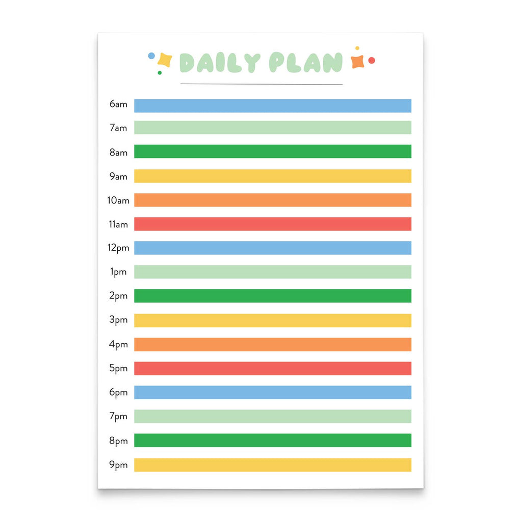 Notepad with white background and rainbow lines in blue, mint green, green, yellow, orange and red with times of day in black text on left side. Top of sheet had mint green text says, "Daily Plan". 